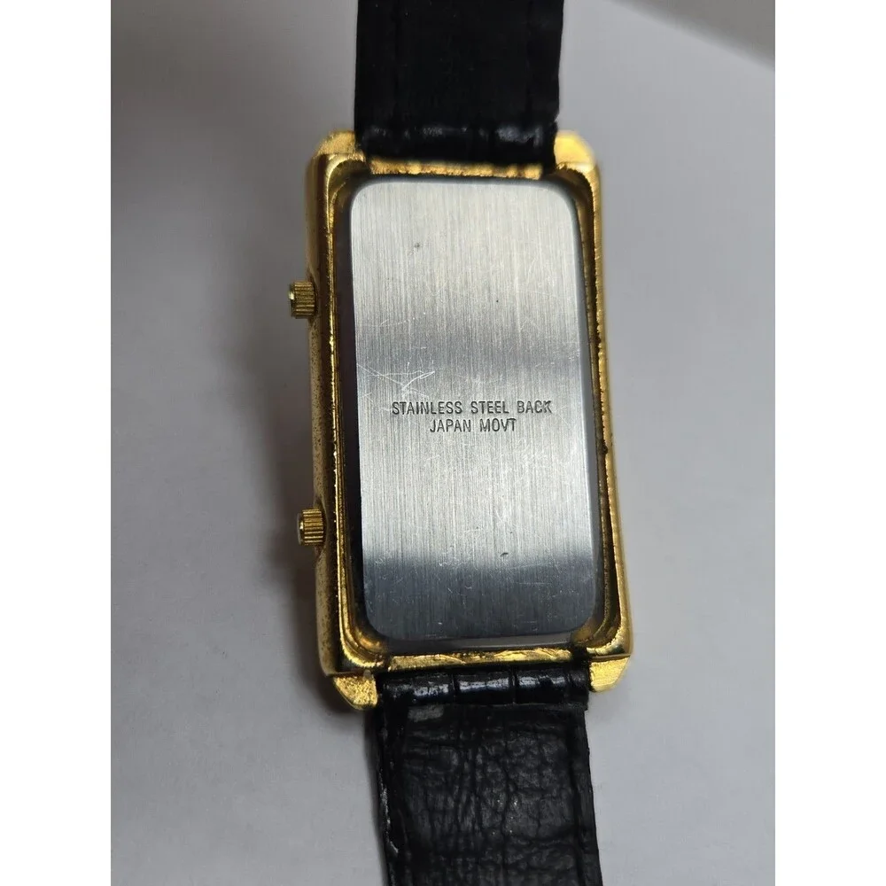 Vintage Osirock Dual Time 26mm Gold Tone Tank Watch Black Leather New Battery